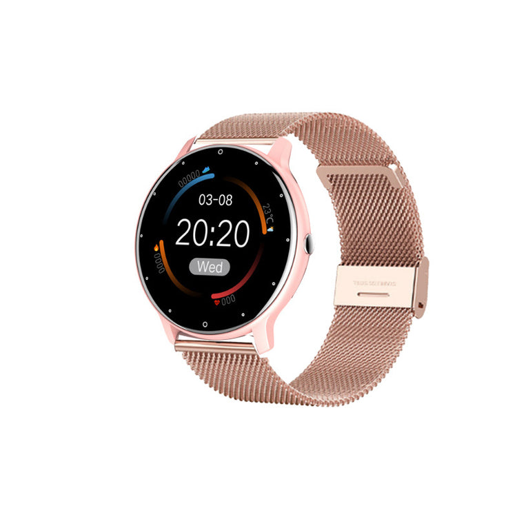 Smartwatch with pink case and beige mesh strap