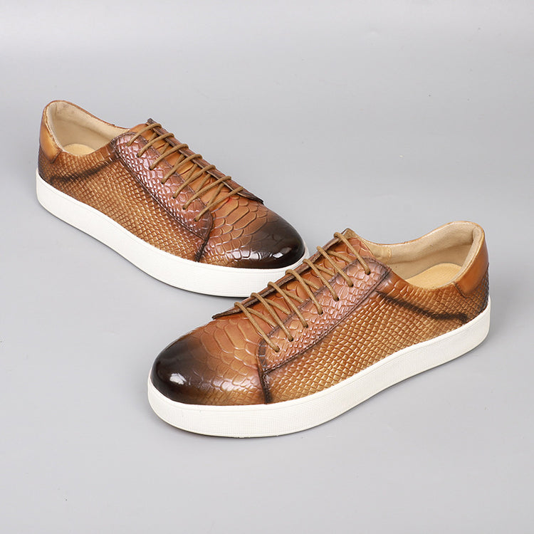 Lace-up embossed leather casual shoes in caramel brown with white rubber sole