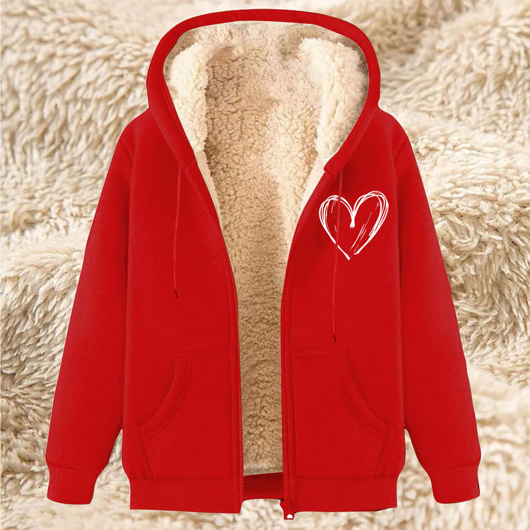 Thermal zip-up hoodie with hood, red exterior, sherpa lining, front pockets, heart graphic