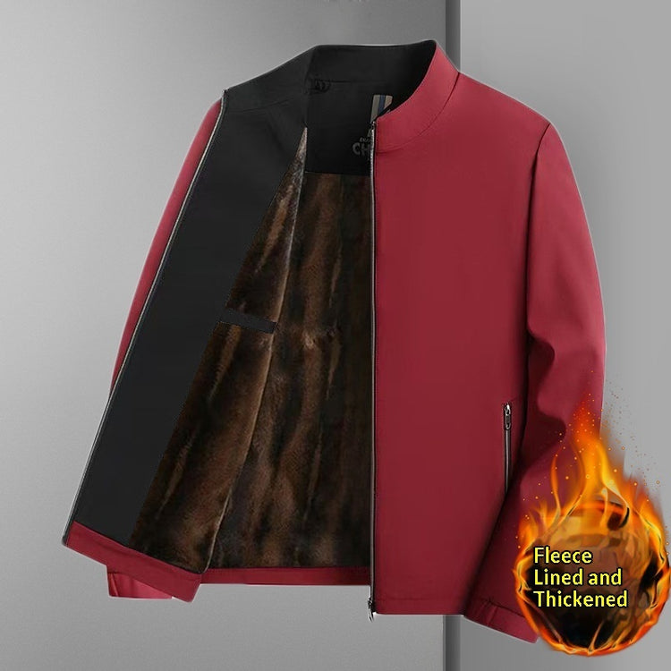 Red and black fleece-lined jacket with front zipper and brown velvet interior lining