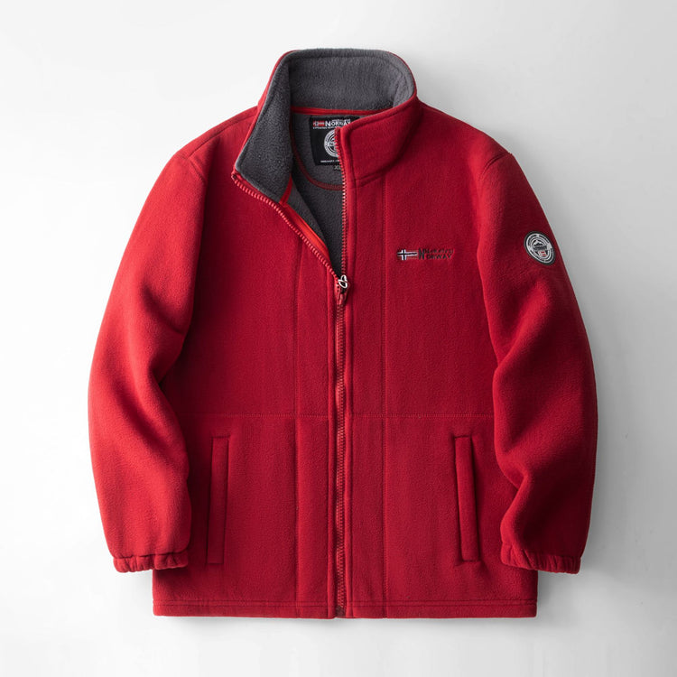 Fleece-lined polar fleece jacket, red with gray lining and zip-front