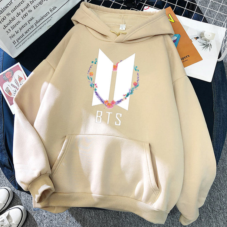 Beige youth pullover hoodie with flower heart front graphic and B T S print