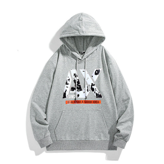 Light gray long sleeve hoodie with hood, drawstring, kangaroo pocket, front graphic