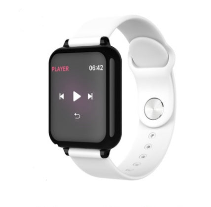 White smart sports watch with square screen and media player controls