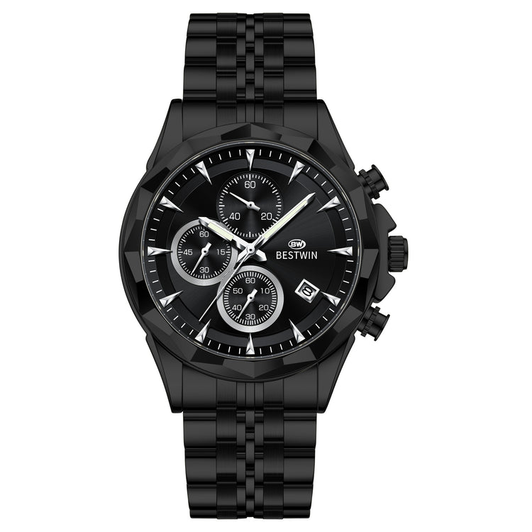 Luminous six-hand chronograph watch with black dial and black metal bracelet