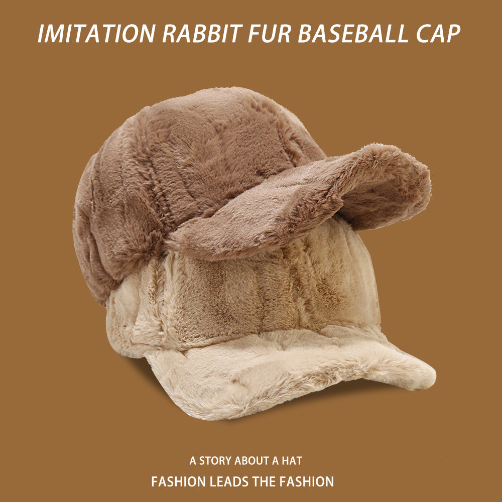 Plush fleece baseball cap with rabbit-fur look, khaki beige, curved brim and side ear flaps