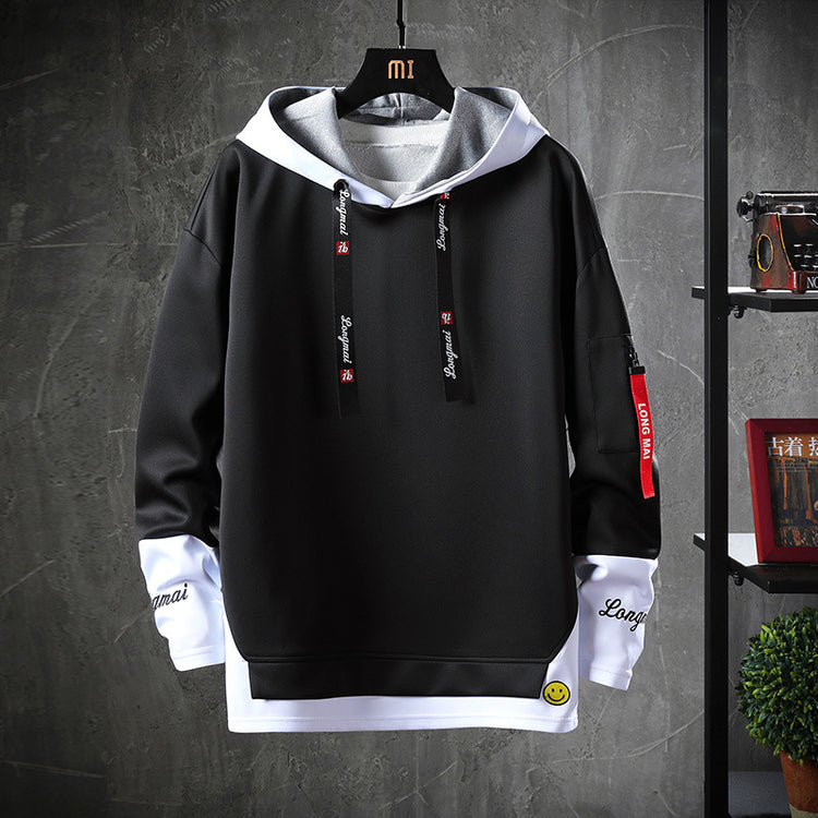 Black hoodie sweater with hood, black drawstrings, kangaroo pocket, contrast inner cuffs