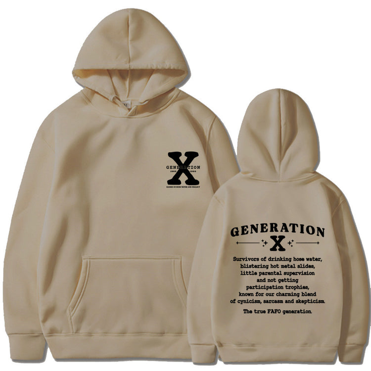 Loose hoodie in tan with hood, front pouch pocket, and chest/back graphic print.