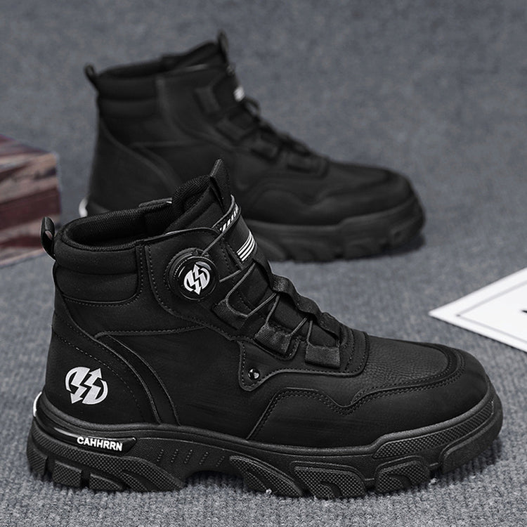 Men’s black high-top casual shoes with black laces and rugged thick outsole