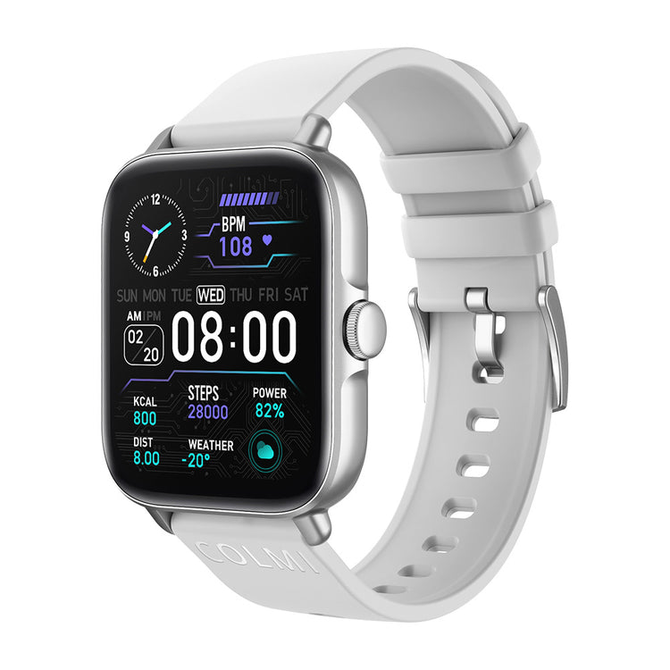 Waterproof smartwatch with white strap, silver case, health dashboard with 08:00 on display