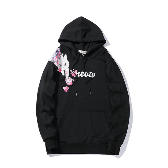 Black cat print hoodie with zip hood, drawstrings, and kangaroo front pocket