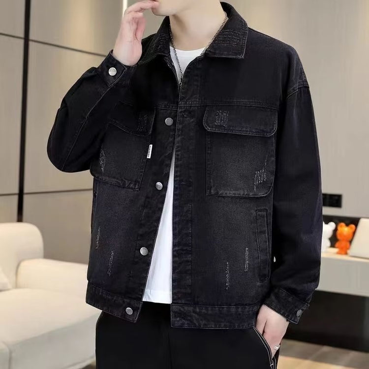 Men’s relaxed-fit casual denim jacket, black, button-up with flap pockets and collar