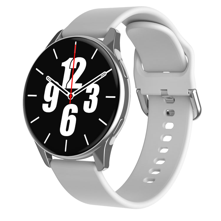 Smartwatch with gray case and white silicone band, round black face with analog time.