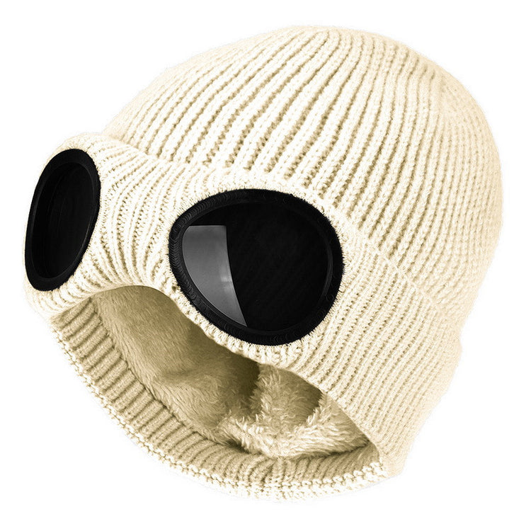 Beige knit beanie with windproof goggle inserts and faux-fur ear covers