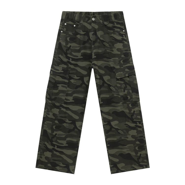 Camo cargo denim jeans, dark green print, with flap cargo pockets and button waist