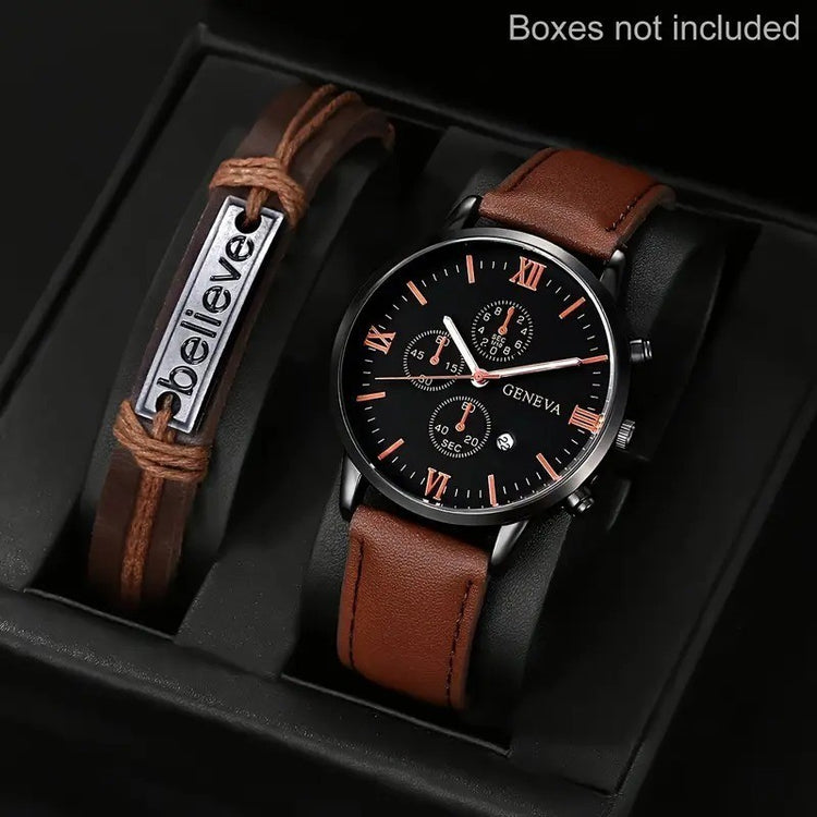 Quartz watch with brown leather strap and engraved tag bracelet accessory with Roman numerals