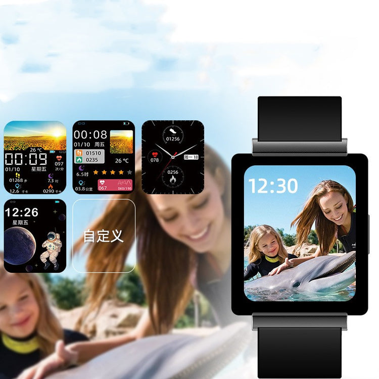 Black smartwatch with screen showing 12:30 time and black silicone strap