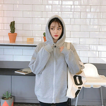 Light gray zip-up hoodie jacket with hood and front zipper, long sleeves and drawcord.
