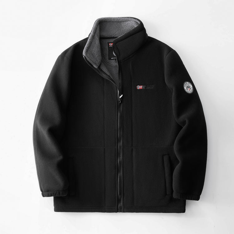 Fleece-lined polar fleece jacket, black with zip-front and stand collar