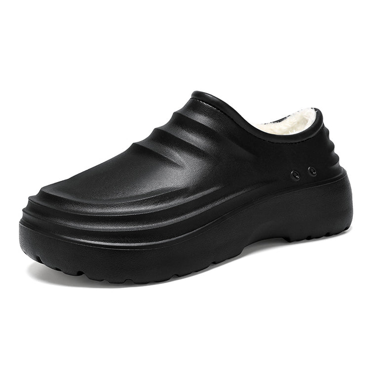 Black closed-toe chef clog shoe with fleece lining at collar and rugged rubber outsole