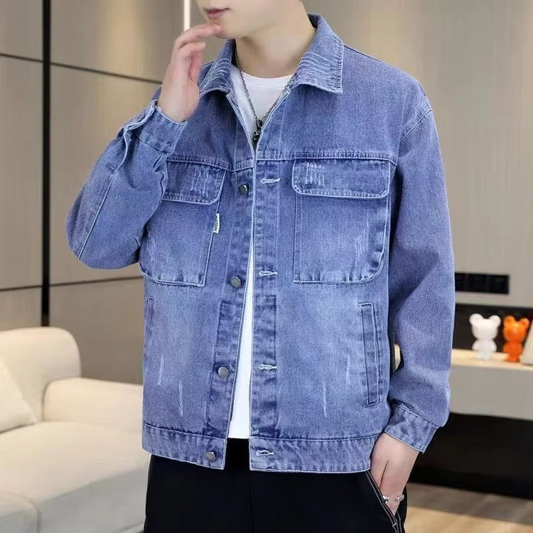 Men’s relaxed-fit casual denim jacket, blue, open button-up style with chest flap pockets
