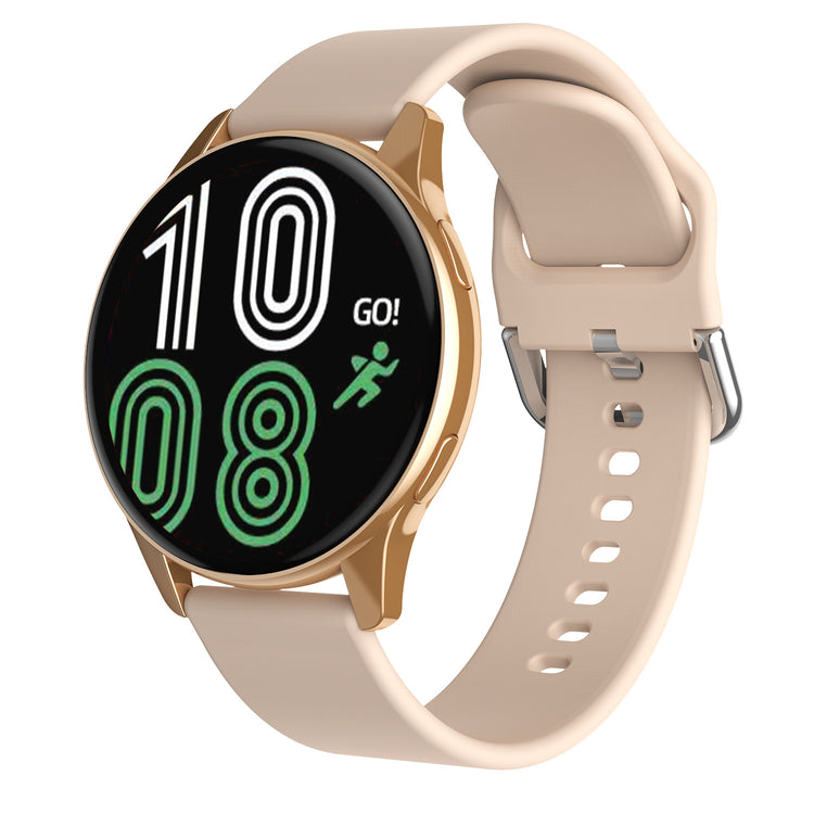 Smartwatch with gold case and tan silicone band, black screen showing activity-style icons.