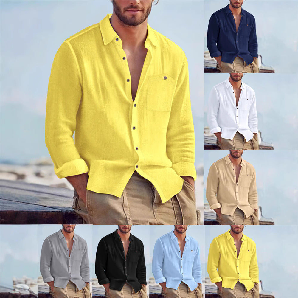 Men's linen cardigan shirt, bright yellow, lapel collar, button front, chest pocket