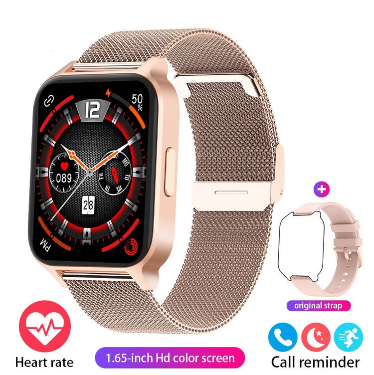 Smartwatch with rose gold face and rose gold mesh strap, square color screen on