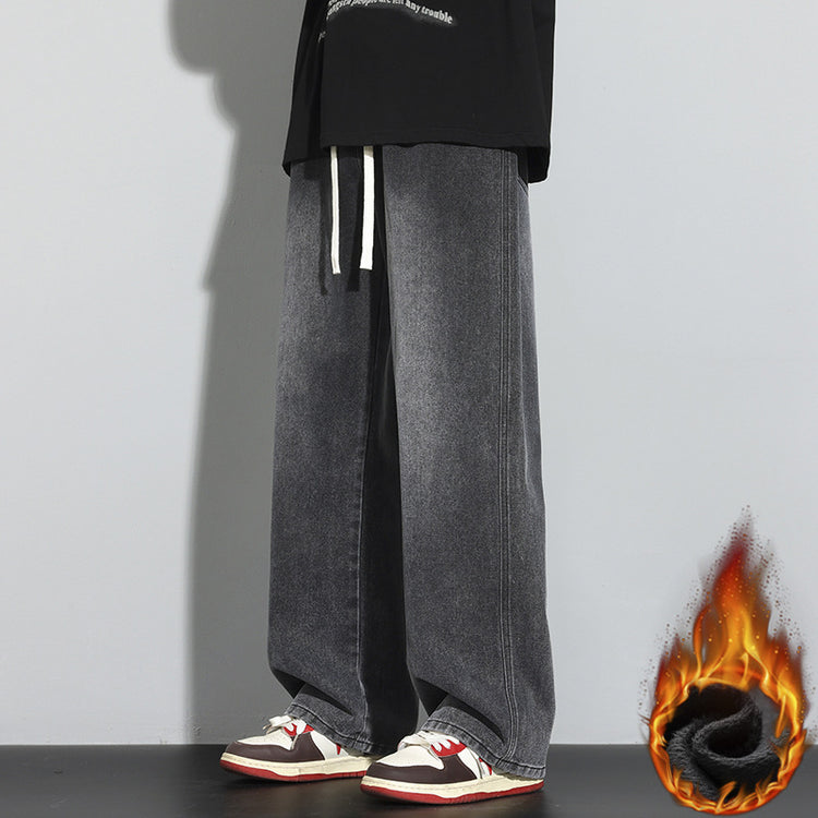 Relaxed wide-leg jeans for men, dark gray wash, long straight legs, stitched side seam