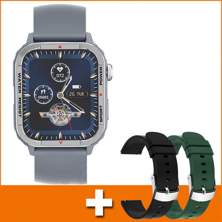 Bluetooth sports smartwatch with dark display, gray strap and two extra silicone bands.