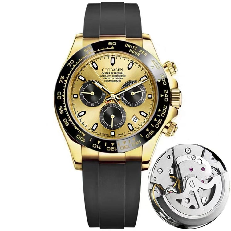 Gold-tone mechanical-style men’s watch with champagne dial and black silicone strap