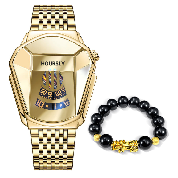 Gold-tone smartwatch with gold digital face and black bead Pixiu charm bracelet