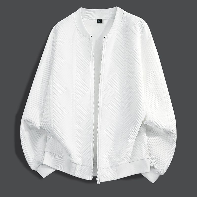 White textured zip-up coat with relaxed bomber silhouette and ribbed cuffs