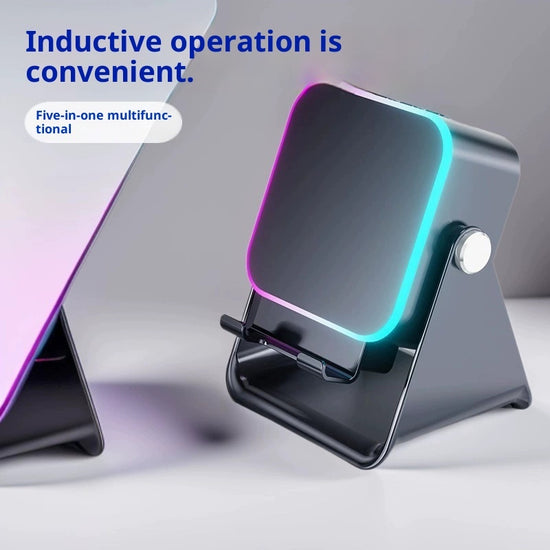 Black folding phone stand with wireless speaker and RGB ambient light ring