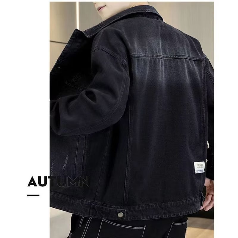 Men’s relaxed-fit denim jacket, black, back view with button hem and jacket yoke seam