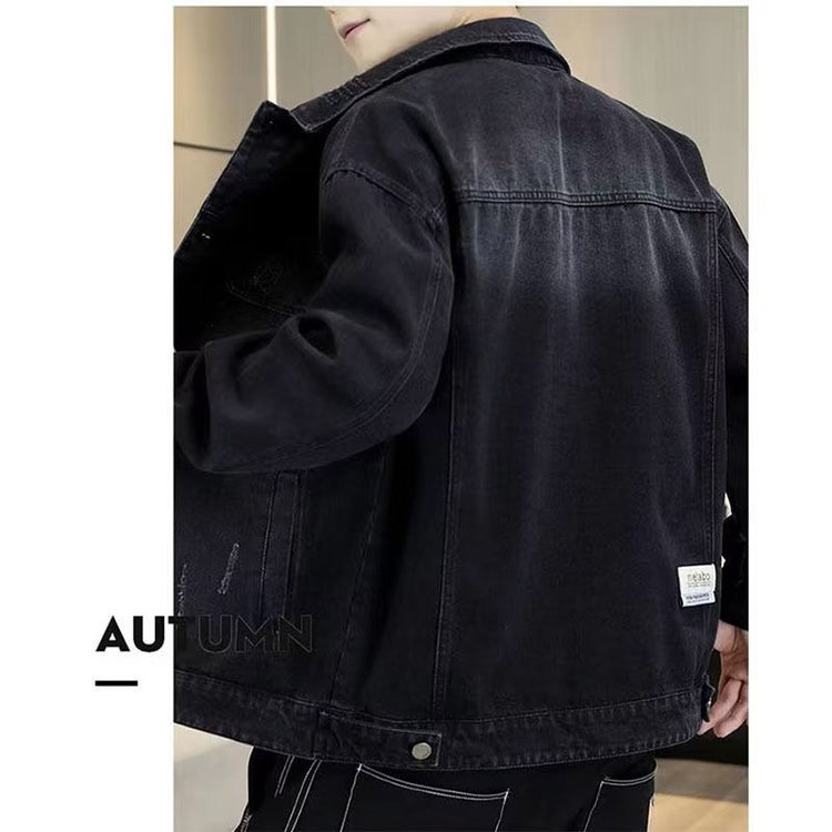 Men’s relaxed-fit denim jacket, black, back view with button hem and jacket yoke seam