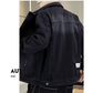 Men’s relaxed-fit denim jacket, black, back view with button hem and jacket yoke seam