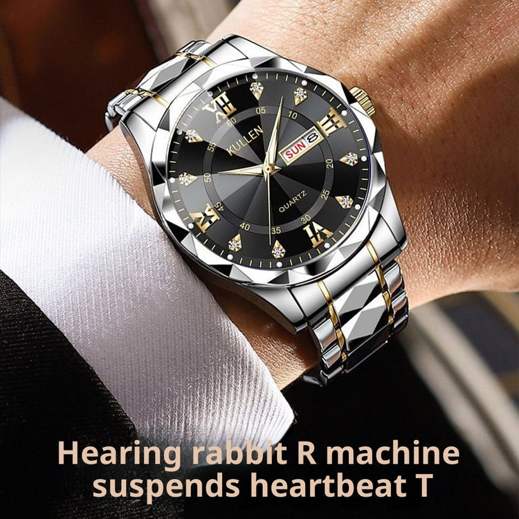 Quartz wristwatch with black dial, silver metal bracelet, and gold bezel accents