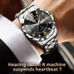 Quartz wristwatch with black dial, silver metal bracelet, and gold bezel accents