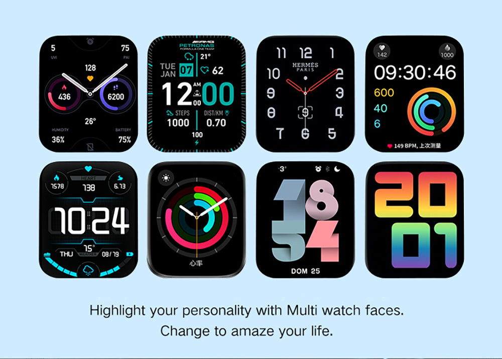 Black smartwatch faces showing digital time and colorful icons
