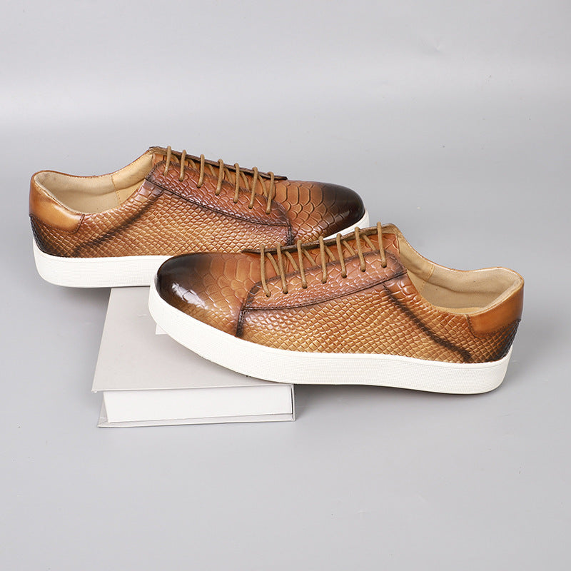 Lace-up embossed leather casual shoes in caramel brown with white rubber sole