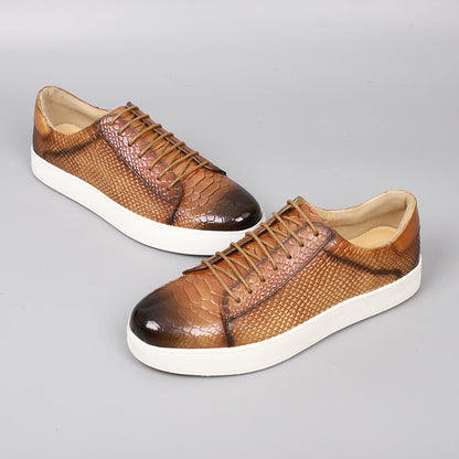 Lace-up embossed leather casual shoes in caramel brown with white rubber sole
