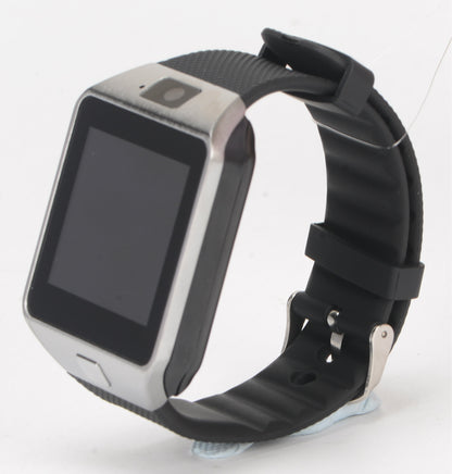 Smart watch with phone screen, silver case, black silicone strap with buckle