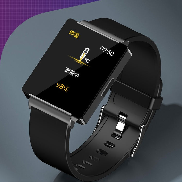 Black smartwatch with rectangular screen and black silicone strap, health and temp icons