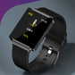 Black smartwatch with rectangular screen and black silicone strap, health and temp icons