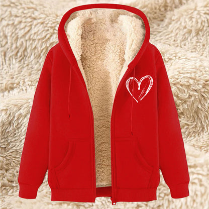 Thermal zip-up hoodie with hood, red exterior, sherpa lining, front pockets, heart graphic