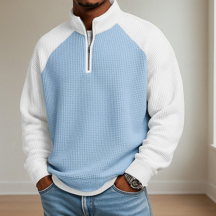 Light blue and white color-block half-zip long-sleeve polo shirt