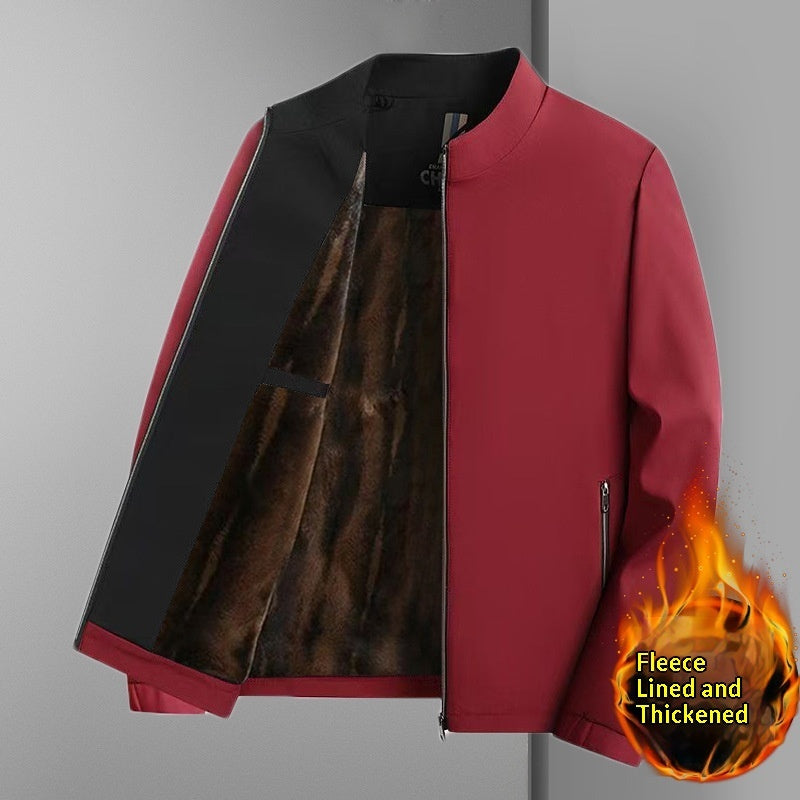 Red and black fleece-lined jacket with front zipper and brown velvet interior lining