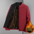 Red and black fleece-lined jacket with front zipper and brown velvet interior lining