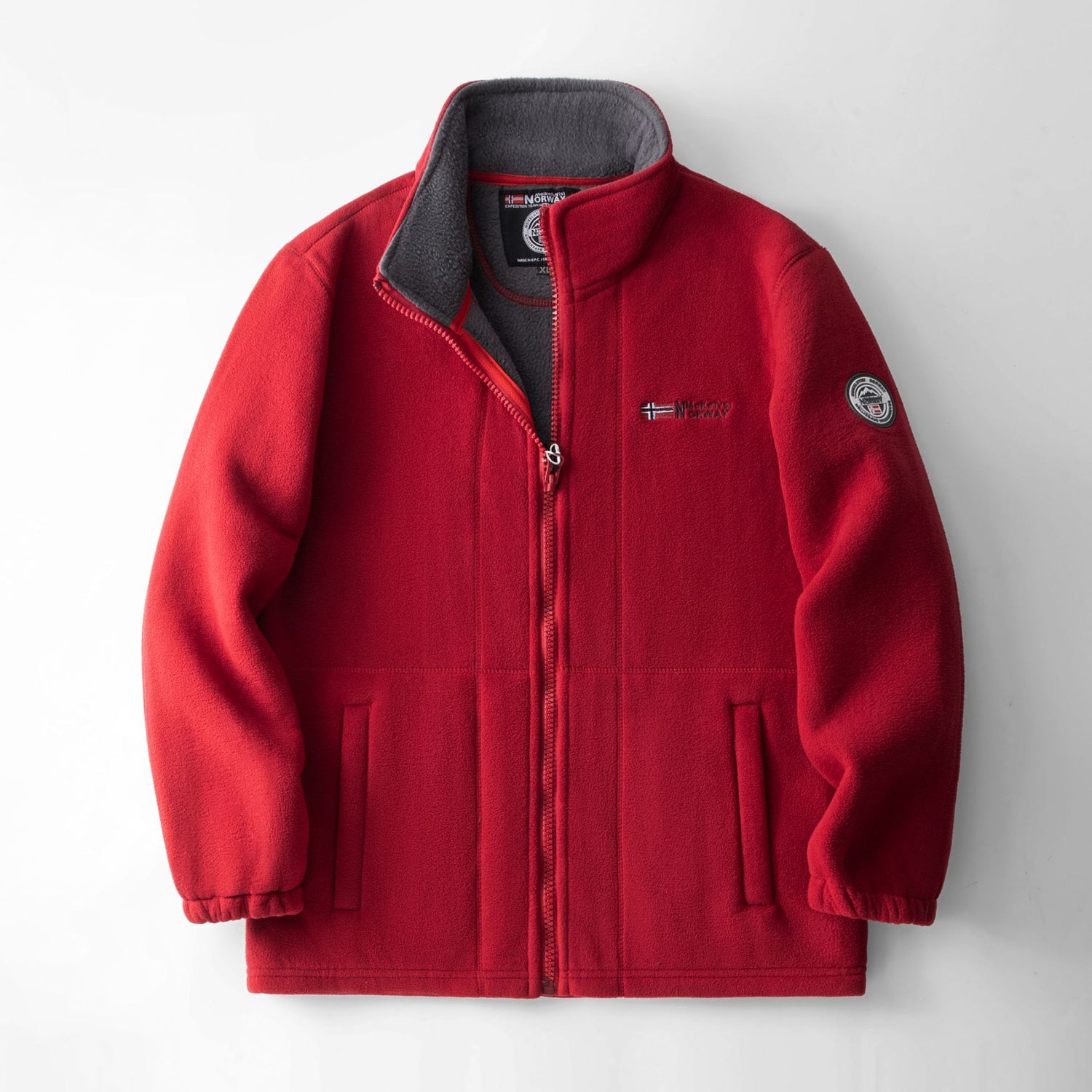 Fleece-lined polar fleece jacket, red with gray lining and zip-front